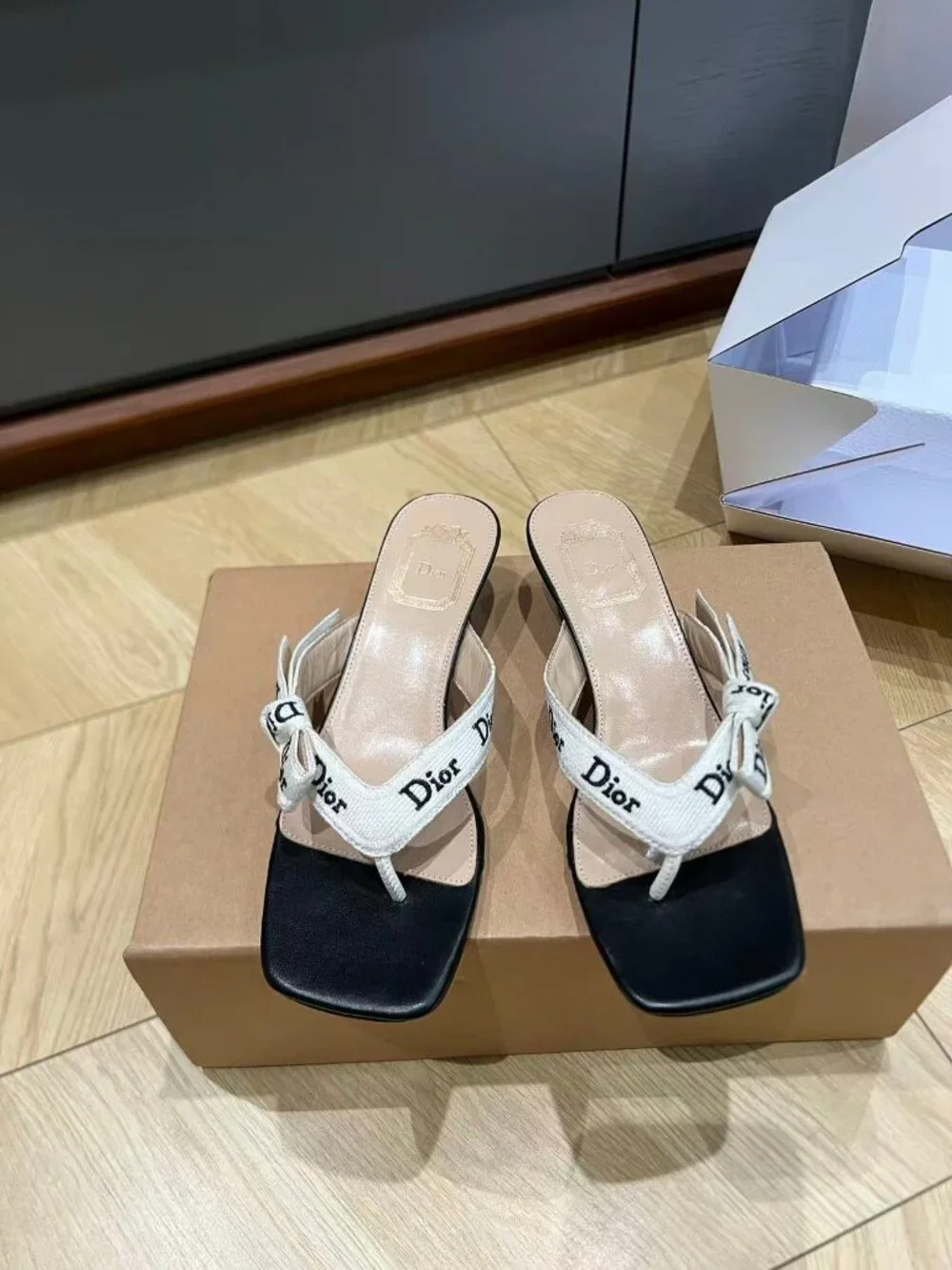 Dior Black Leather Logo Ribbon Bow Kitten Heel Thong Mule Sandals